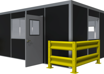 An exterior modular vestibule with yellow guard rail.