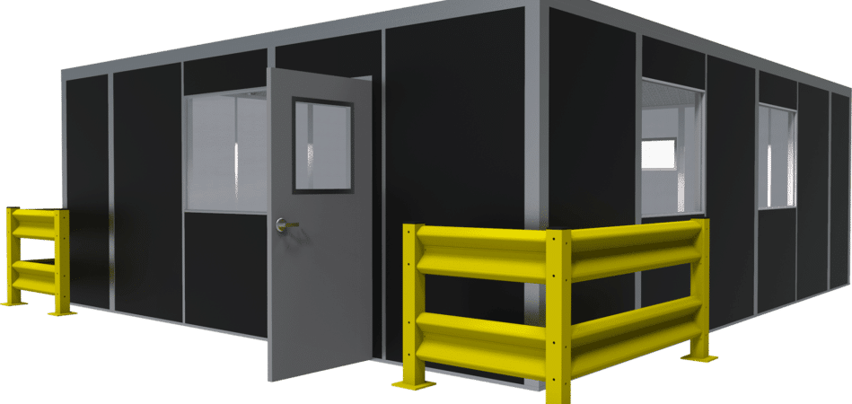 An exterior modular vestibule with yellow guard rail.