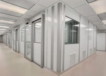 Modular cleanroom by Allied Modular with enclosed panels, sliding doors, and integrated ventilation.
