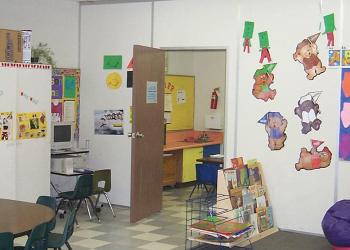 Modular classroom partitions in use.