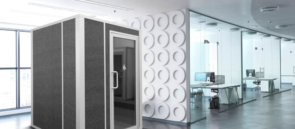 A modern lactation pod situated in an office environment provides a private and comfortable space for nursing mothers.