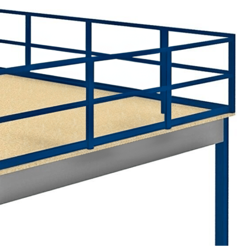 Rendering of an Allied Modular mezzanine platform with blue guardrails and wood composite decking.