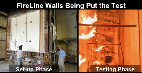 Fireline modular walls being tested for fire resistance, showing the set-up phase and testing phase with flames applied to assess durability.