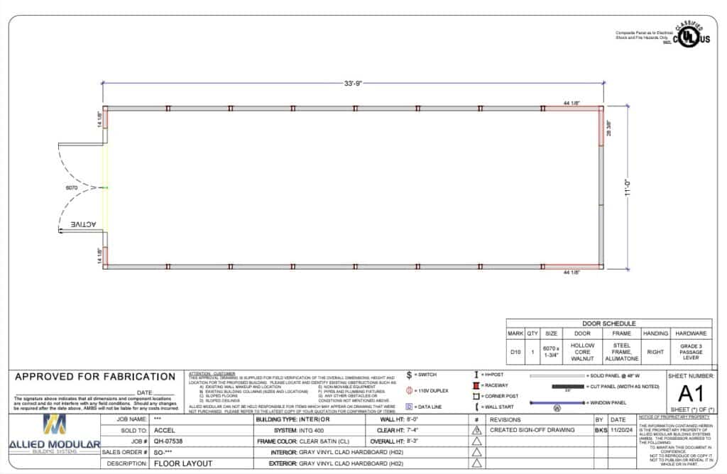 Allied Modular installation floor plan drawing showing interior modular wall layout with dimensions, door placement, and fabrication details.