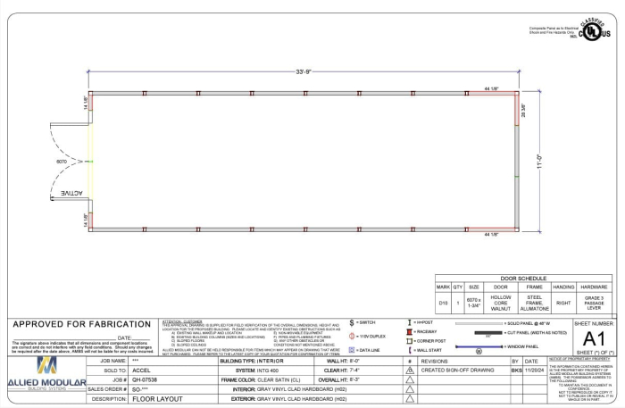 Allied Modular installation floor plan drawing showing interior modular wall layout with dimensions, door placement, and fabrication details.