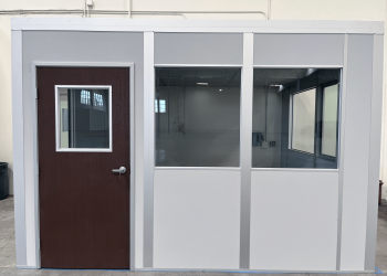 Modular office with glass panels and wood door by Allied Modular