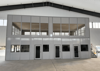 Allied Modular warehouse mezzanine office with upper-level workspace and steel stair access